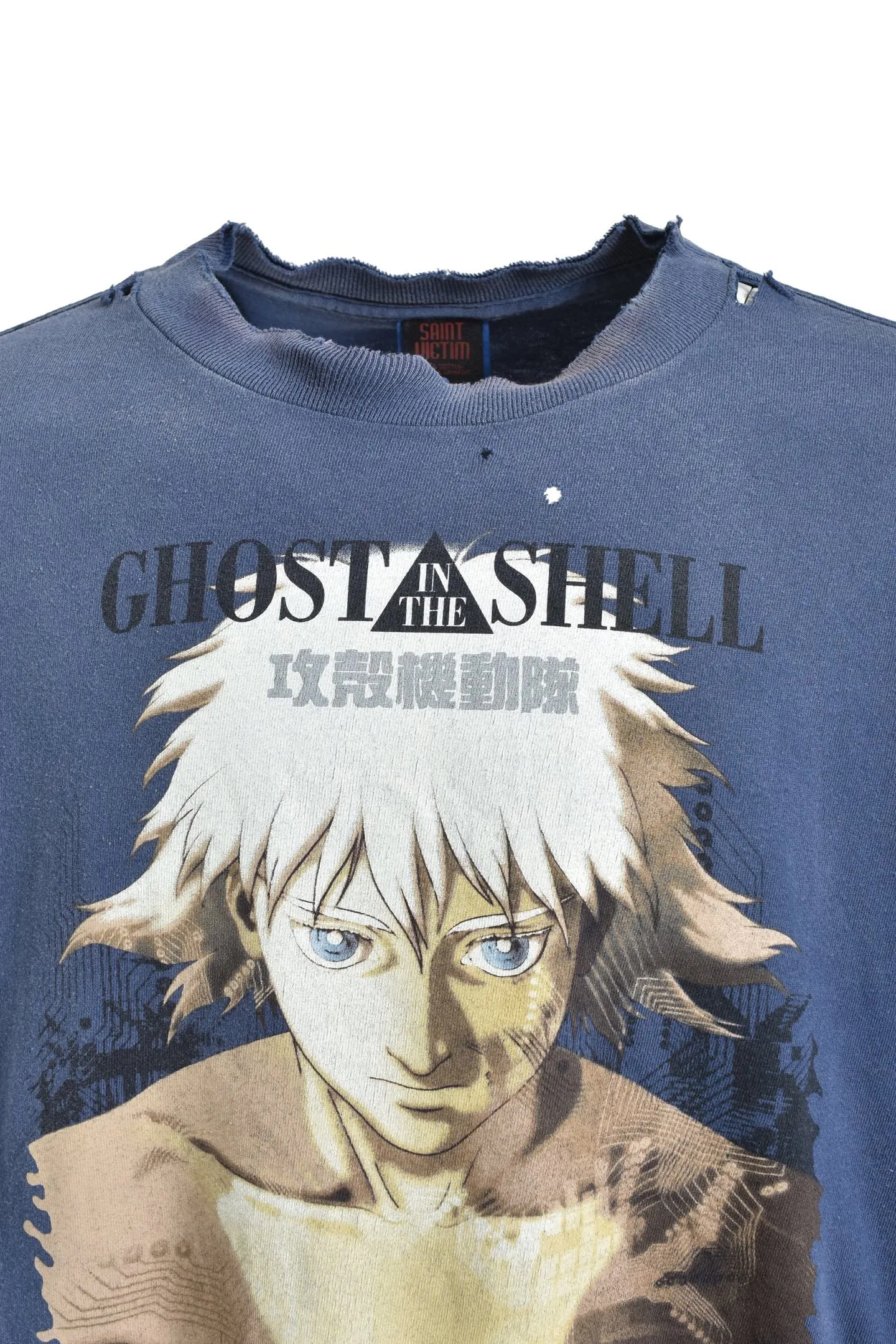 SAINT Mxxxxxx × Ghost in the Shell GS_SS TEE/GST IN THE SHELL/NVY Ghost in the Shell co-branded distressed short-sleeves White-haired plain character TEE Washed blue S-XL Look for the cylindrical fabric with no side seams. The open width is almost meaningless Asut ready-made garments dyed The whole piece is sprayed with horsetail. The collar and cuffs are faded. The collar and cuffs are frayed. Many hangings are worn. The oversized printing position restores the authenticity level. Customized joint main mark/wash mark/with little angel anti-counterfeiting mark